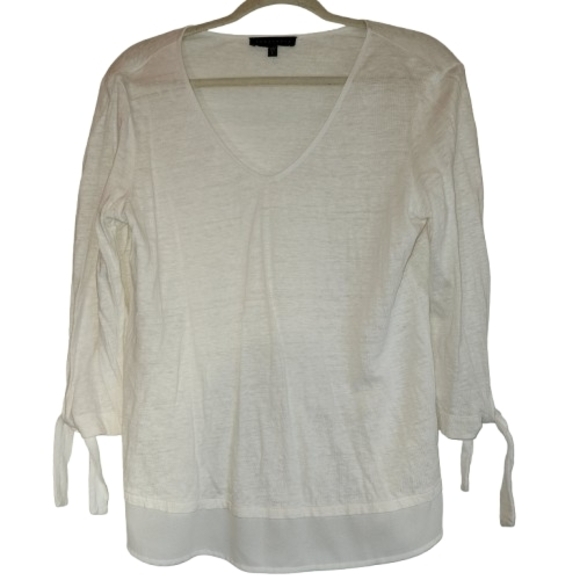Sanctuary White 3/4 Tie Sleeve V-Neck Top 100% Linen Size L Chiffon Ruffle Hem - Picture 2 of 10